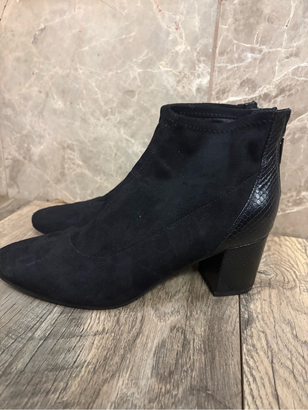 Bandolino Black Suede Ankle Boots with Textured Block Heel - Picture 2 of 8